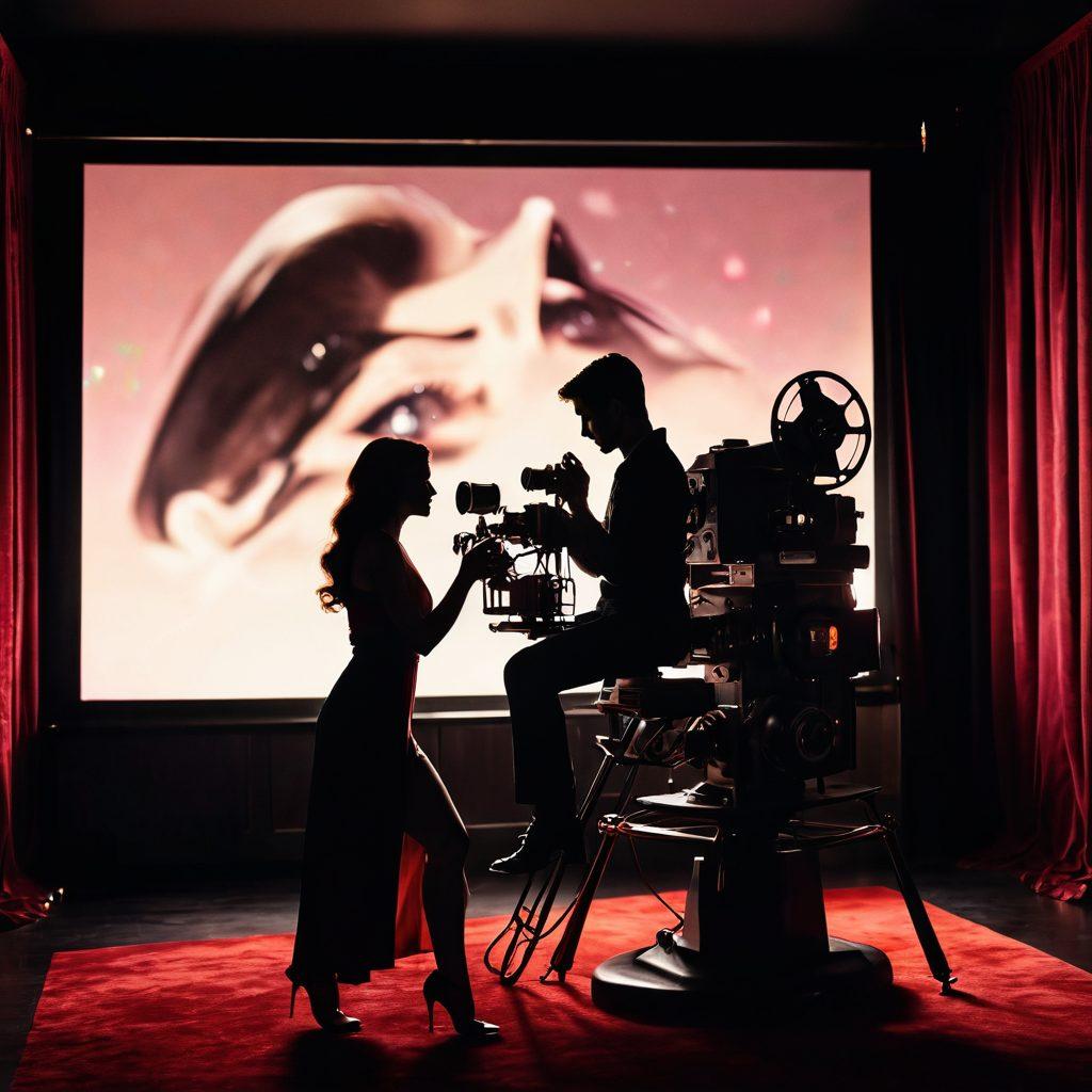 A captivating scene showcasing a vintage film projector casting vibrant images of various adult film genres onto a large, luxurious velvet screen. In the foreground, an elegant couple is engaged in a passionate embrace, surrounded by playful shadows and soft lighting. The ambiance is intimate with rich colors and textures, enhancing the mood of exploration and sensuality. 3D effect. vibrant colors. cinematic style.