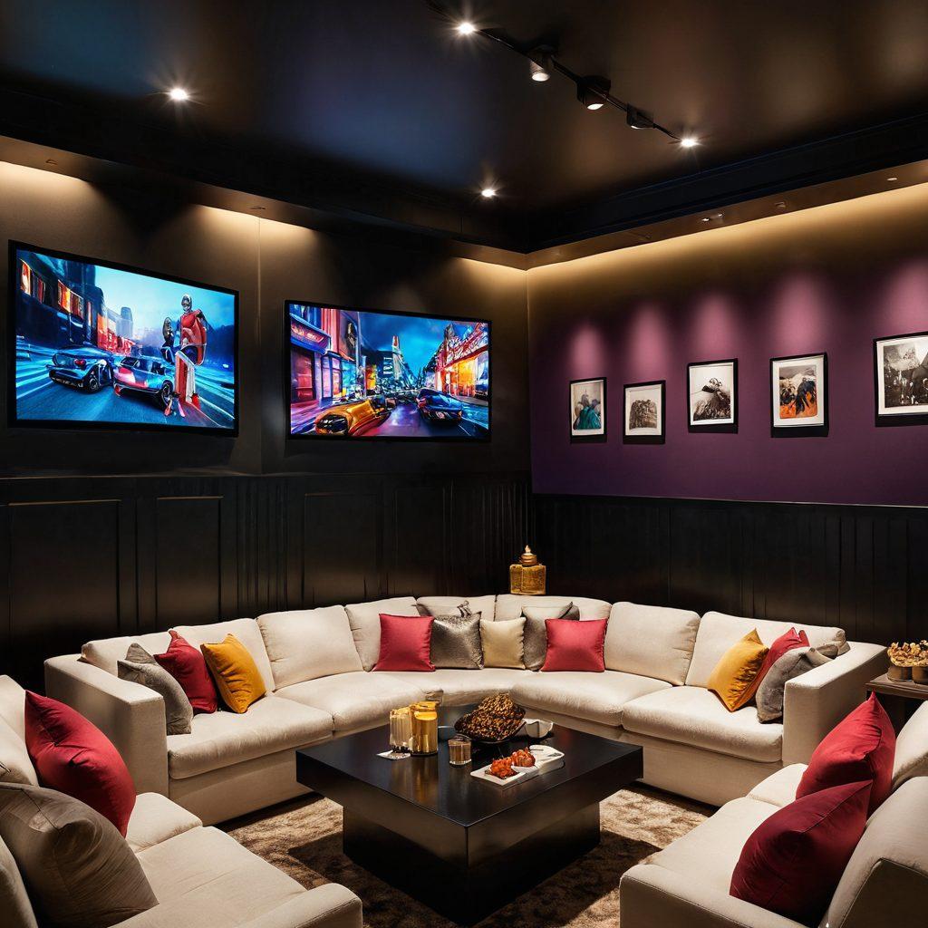 A visually striking collage showcasing a luxurious home theater setting filled with comfortable seating, plush cushions, and an inviting atmosphere. The screen displays tantalizing glimpses of seductive adult video releases, with vibrant and colorful covers of various genres. Soft ambient lighting enhances the mood, while a bowl of popcorn and drinks hint at a cozy night in. Include artistic touches like abstract shapes and warm tones to evoke feelings of joy and excitement. vibrant colors. super-realistic.