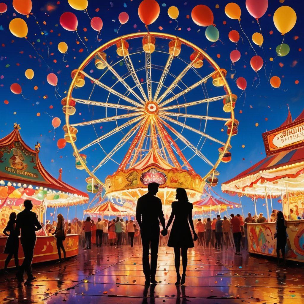 A vibrant, playful scene depicting a whimsical carnival filled with bright colors and enticing attractions, featuring silhouettes of couples enjoying themselves in playful, flirtatious poses. Incorporate elements like colorful balloons, a Ferris wheel, and playful confetti in the air to evoke a sense of joy and excitement, while maintaining a tasteful and artistic composition. The atmosphere should feel inviting and adventurous, capturing the essence of delighted indulgence. super-realistic. vibrant colors. whimsical style.